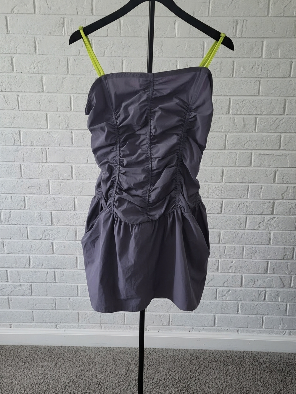 NWT Anthropologie Gray Ruched Strapless Mini Dress with Neon Yellow Straps